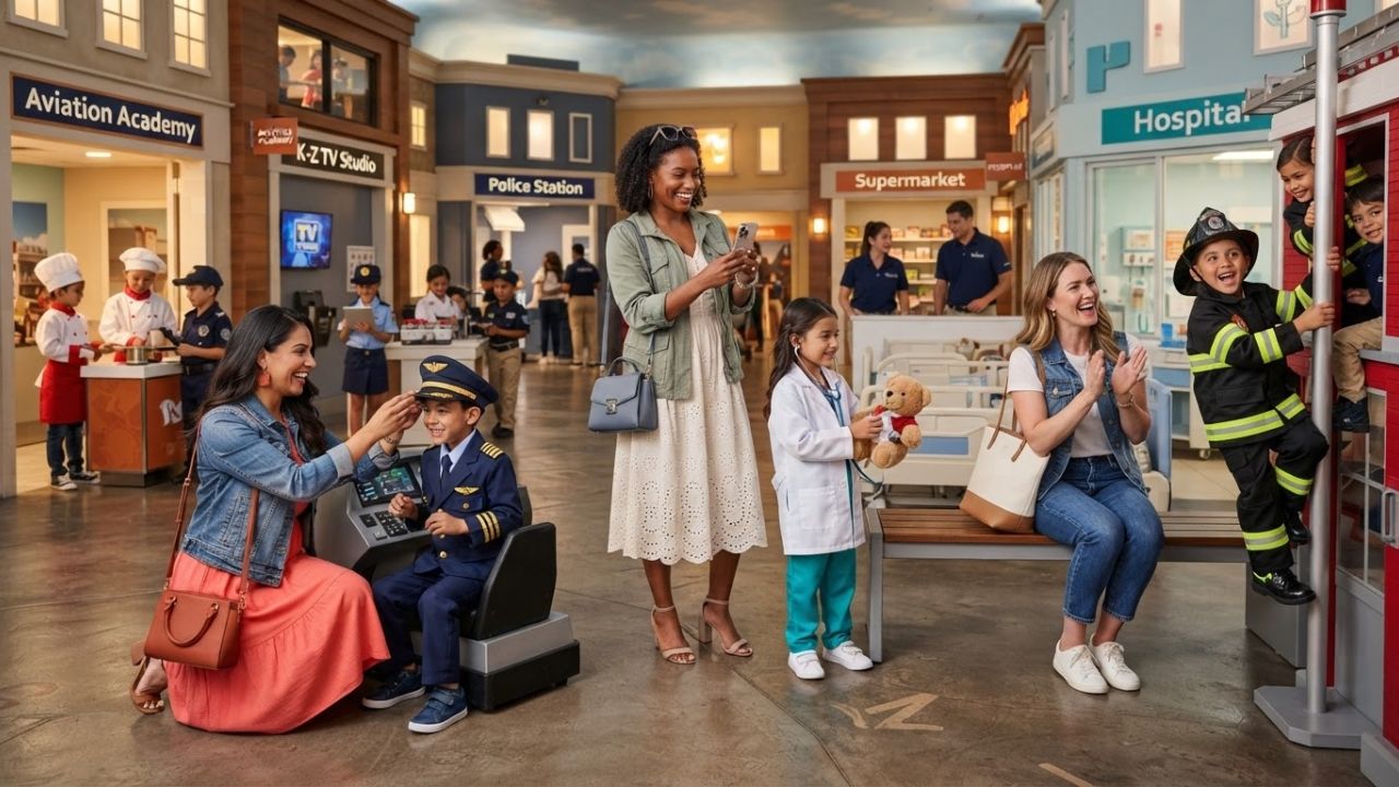 A miniature scaled city street with educational role-play zones for children inside a modern facility