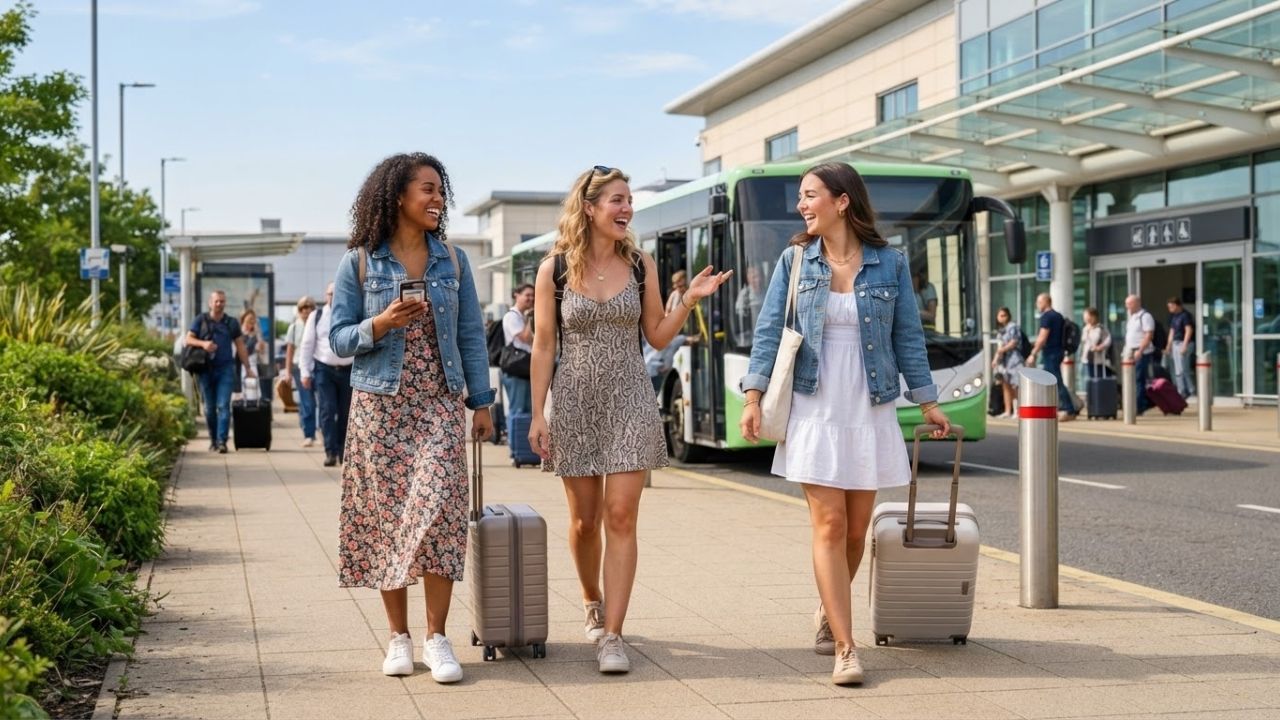 A double-decker bus arriving at a modern UK airport terminal drop-off bay