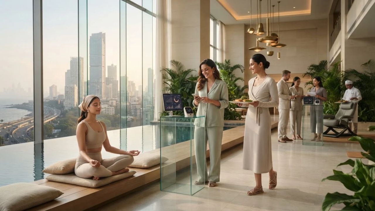 A peaceful outdoor pool area at a luxury hotel, showcasing quiet wellness and meditation spaces.