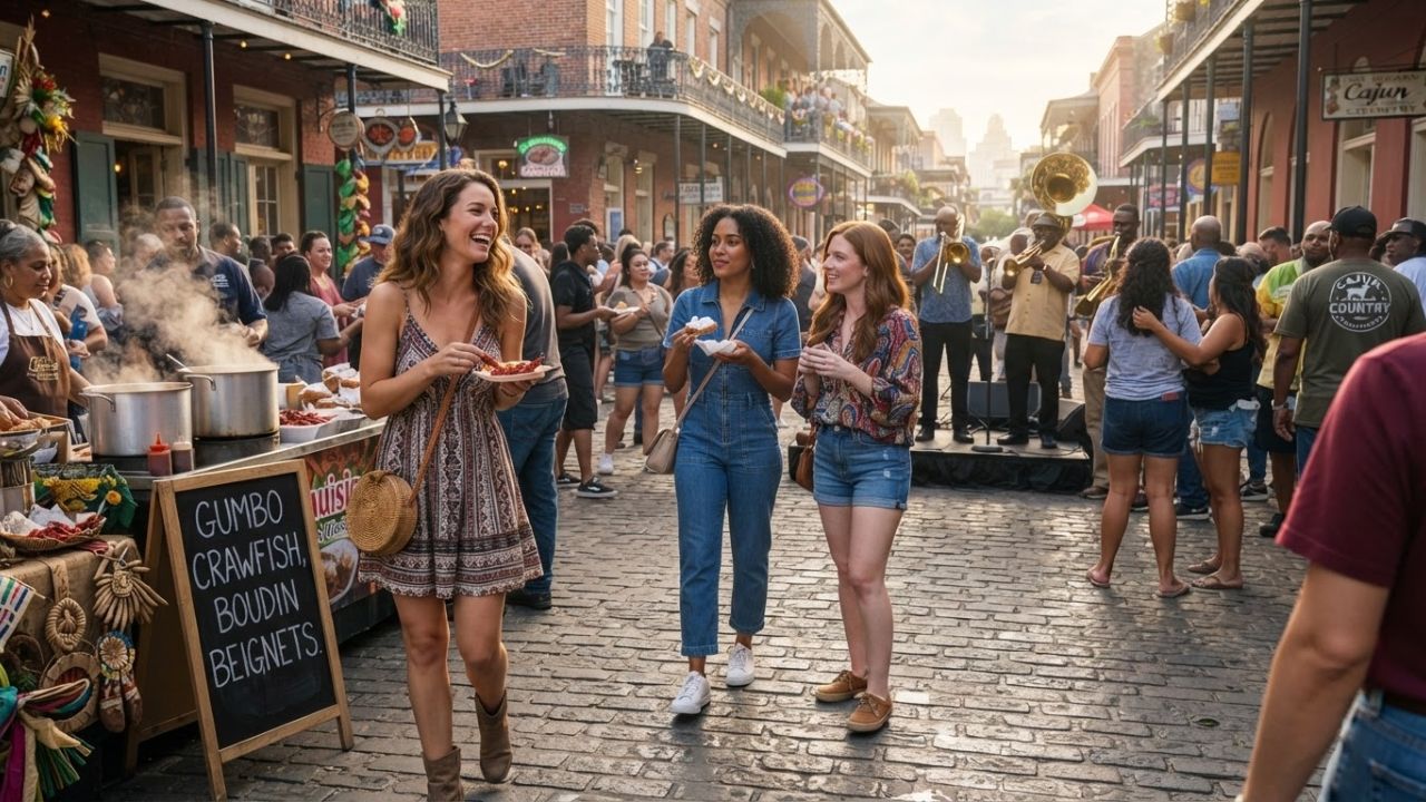 A lively parade float moving through the historic French Quarter streets in New Orleans, Louisiana.