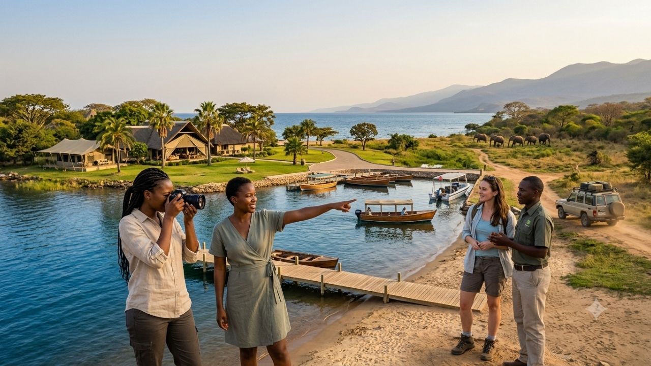 Scenic view of Lake Malawi shoreline with safari terrain and wildlife in the background.