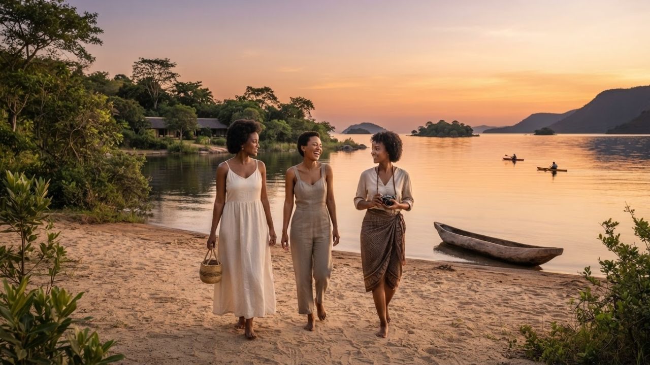 Golden sunset over Lake Malawi's glassy waters at Cape Maclear, with silhouetted acacia trees and forested hills on the Nankumba Peninsula