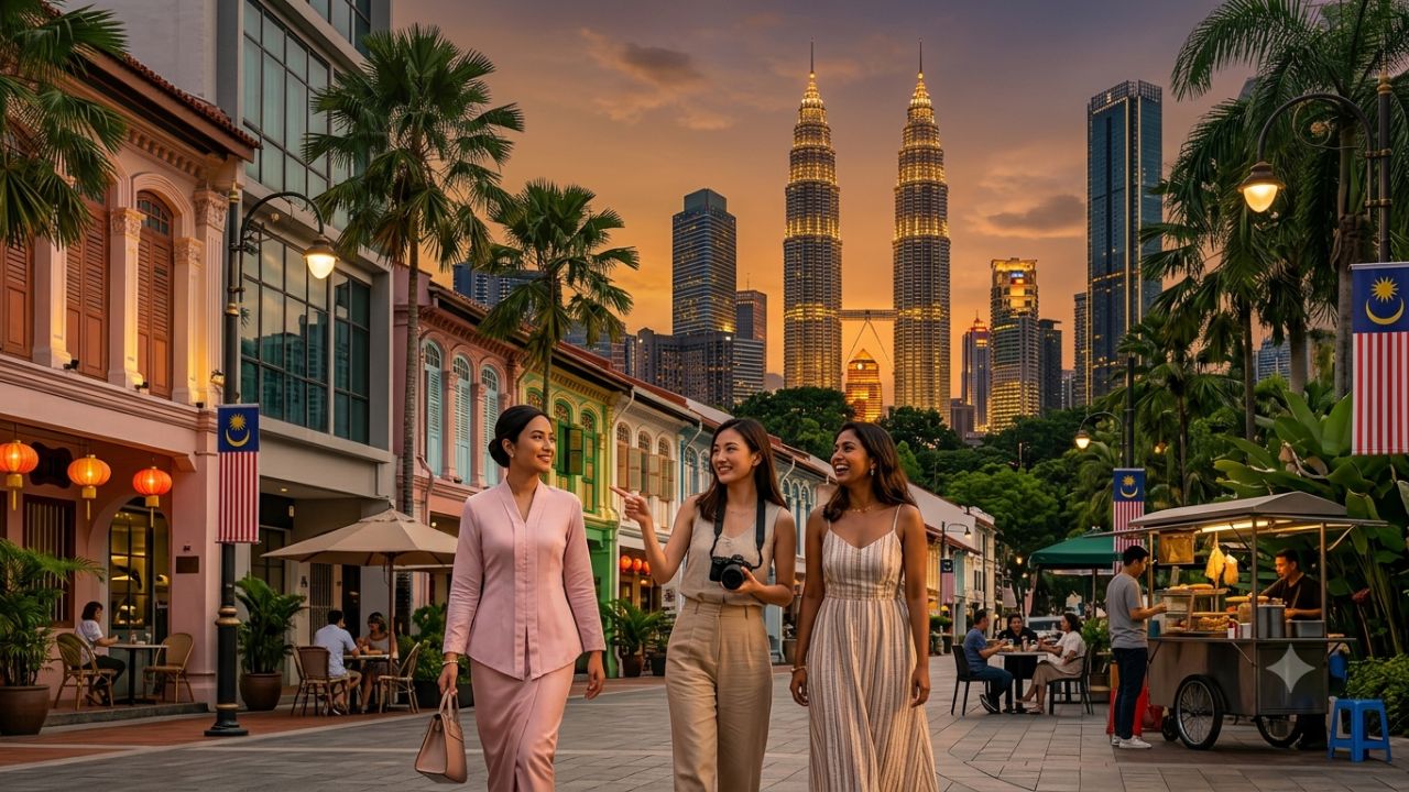 A scenic view of the PETRONAS Twin Towers in Kuala Lumpur under a dramatic tropical sky.