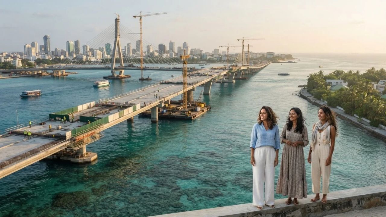 A scenic view of the modern Thilamalé Bridge under construction in the Maldives.