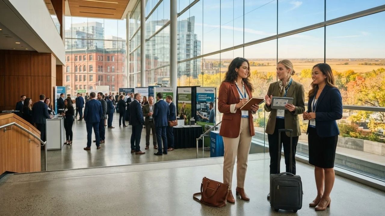 A conference hall filled with business professionals attending an economic forum in Canada.