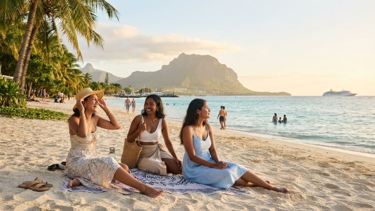A beautiful tropical beach in Mauritius with white sand and clear turquoise water under a blue sky.