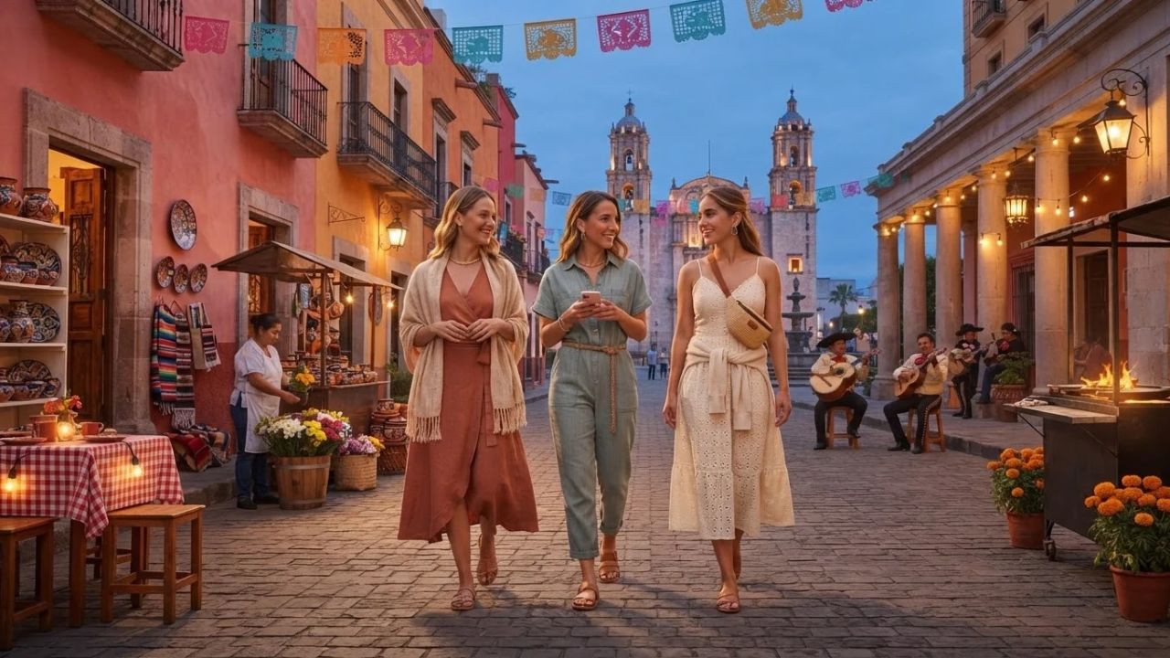 A colorful, lit street in Guanajuato during an evening callejoneada performance.