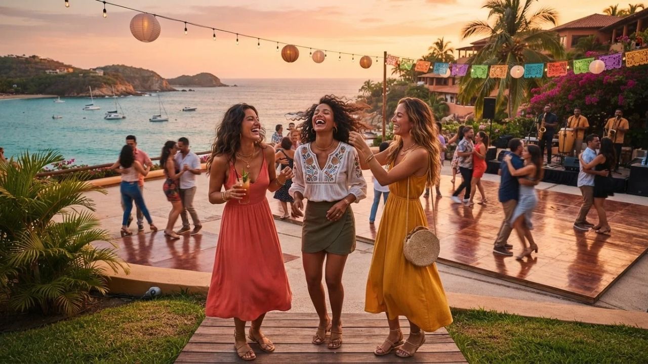 Couples dancing salsa and bachata on a beach terrace at sunset in Huatulco, Mexico.