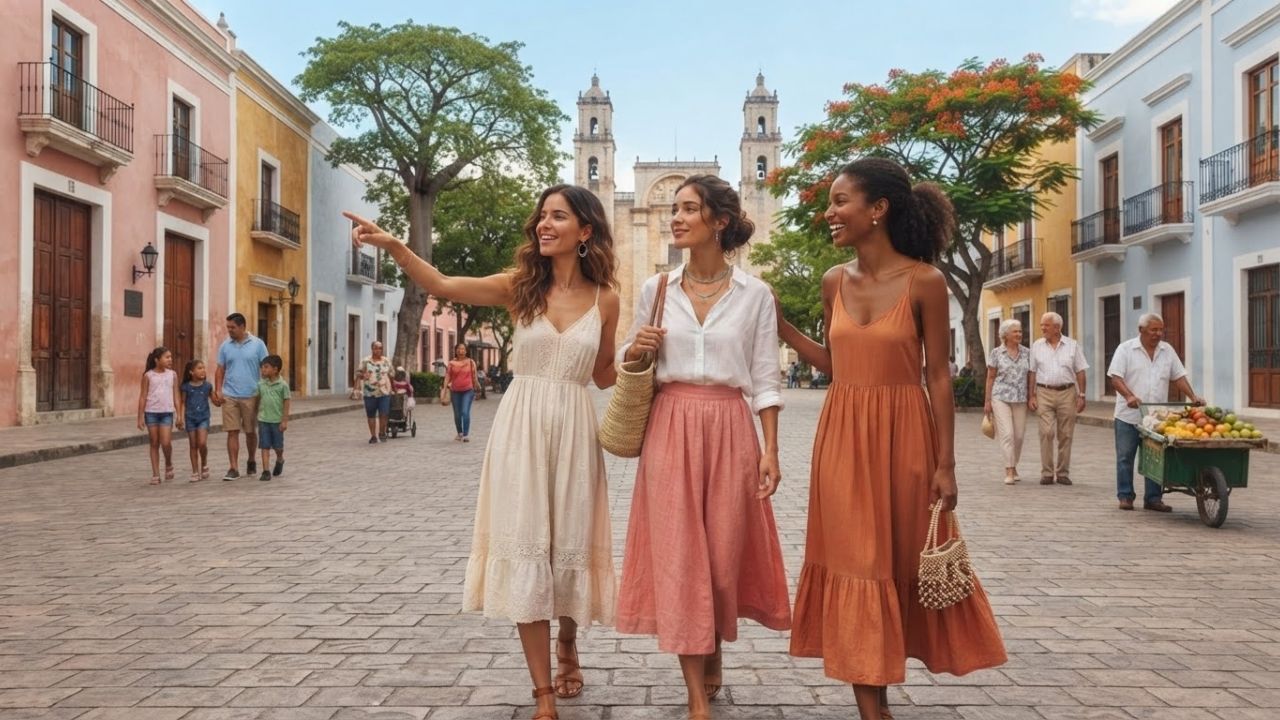 Panoramic view of colonial plaza and historic architecture in Campeche City Mexico