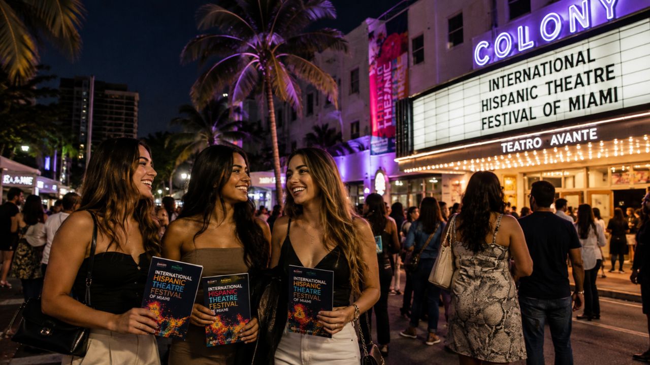 A theatrical stage in Miami lit with warm spotlights during a dramatic performance.