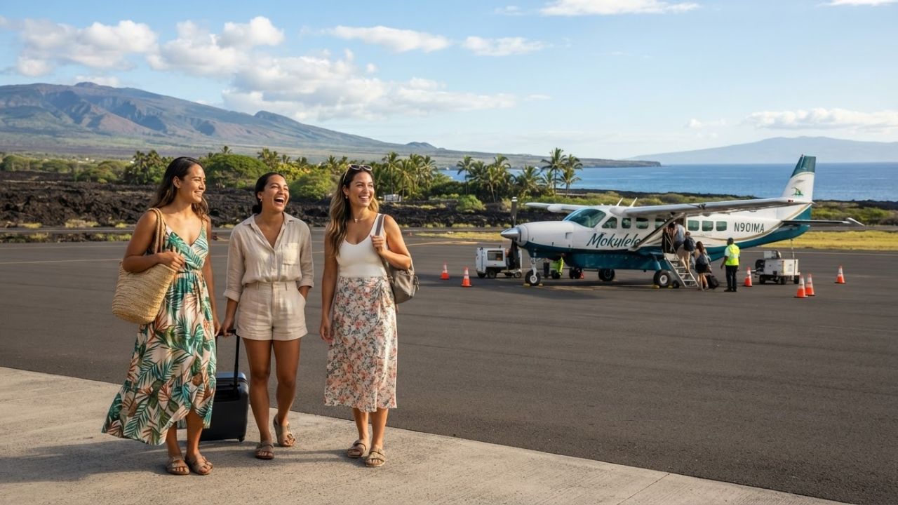 A regional Mokulele Airlines propeller aircraft parked on the runway at Kahului Airport in Maui