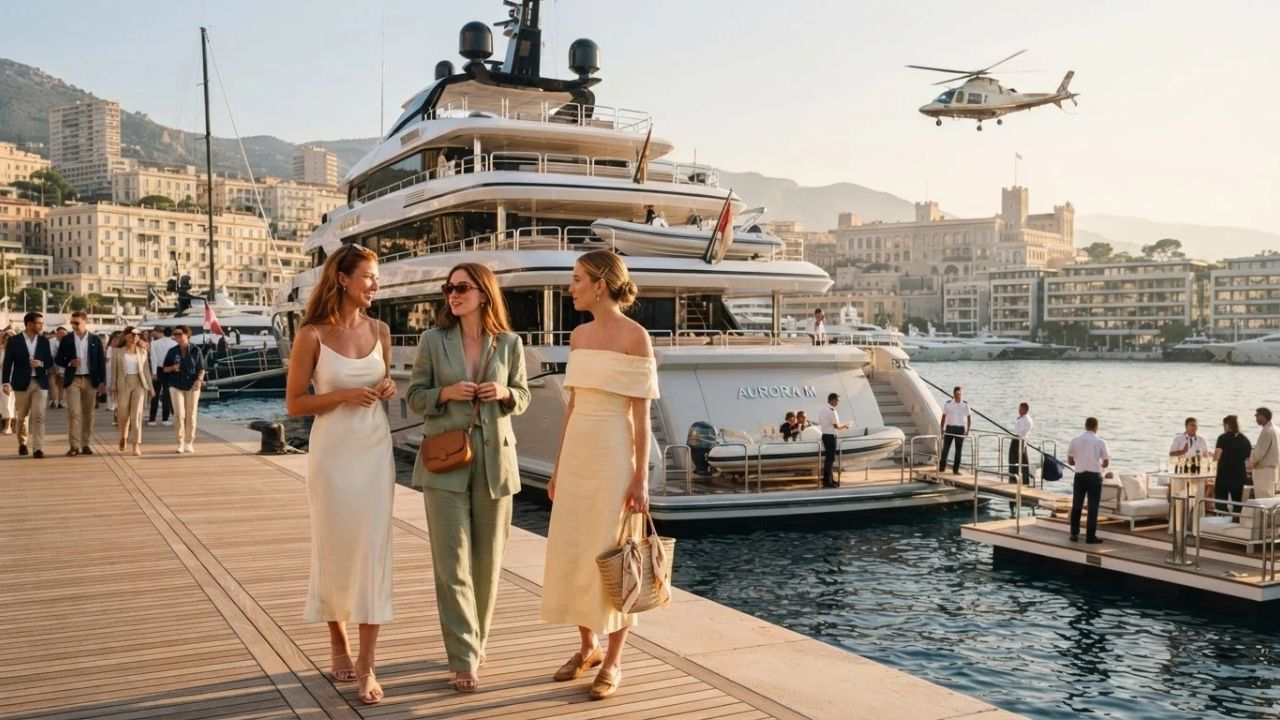 A sleek luxury yacht anchored in the harbor of Monaco under a clear blue sky.
