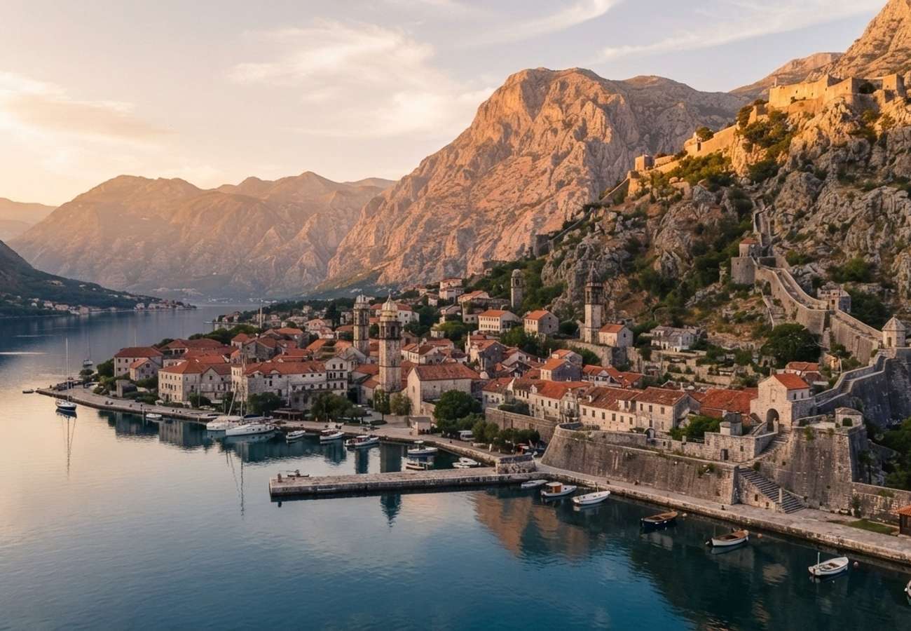 Panoramic view of the Bay of Kotor with limestone cliffs and red-tiled roofs