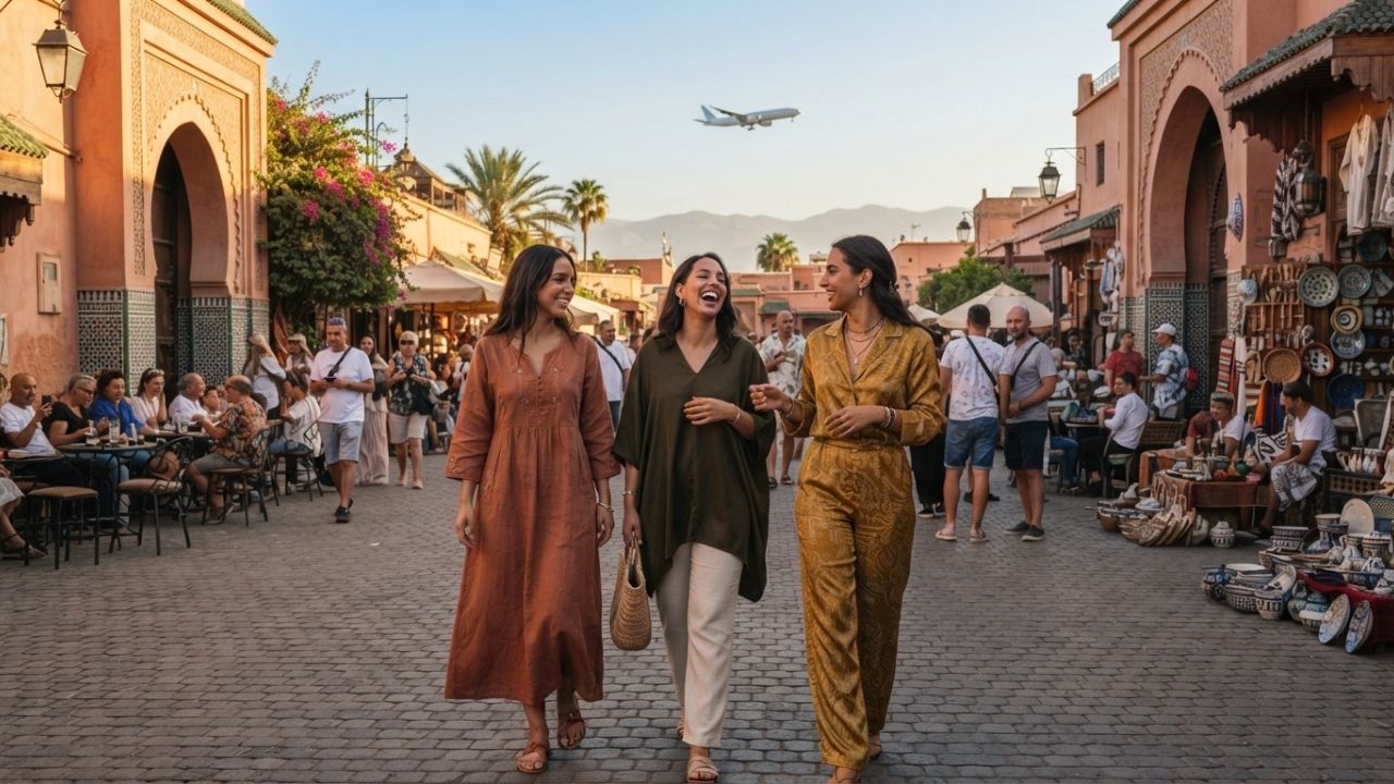 A photorealistic rendering of the historic medina of Marrakech under a warm twilight sky.