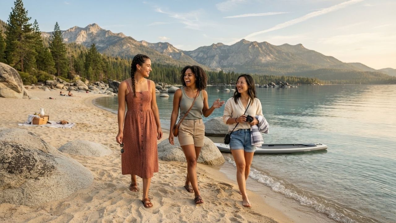 A scenic view of Sand Harbor beach at Lake Tahoe with giant boulders and clear water.