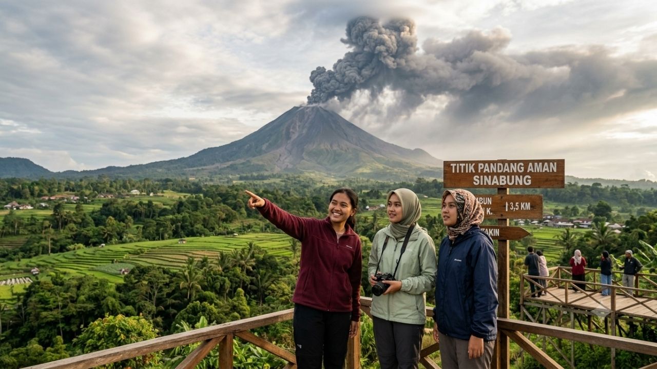 Volcanic eruption of Mount Sinabung sending towering ash cloud into sky over North Sumatra