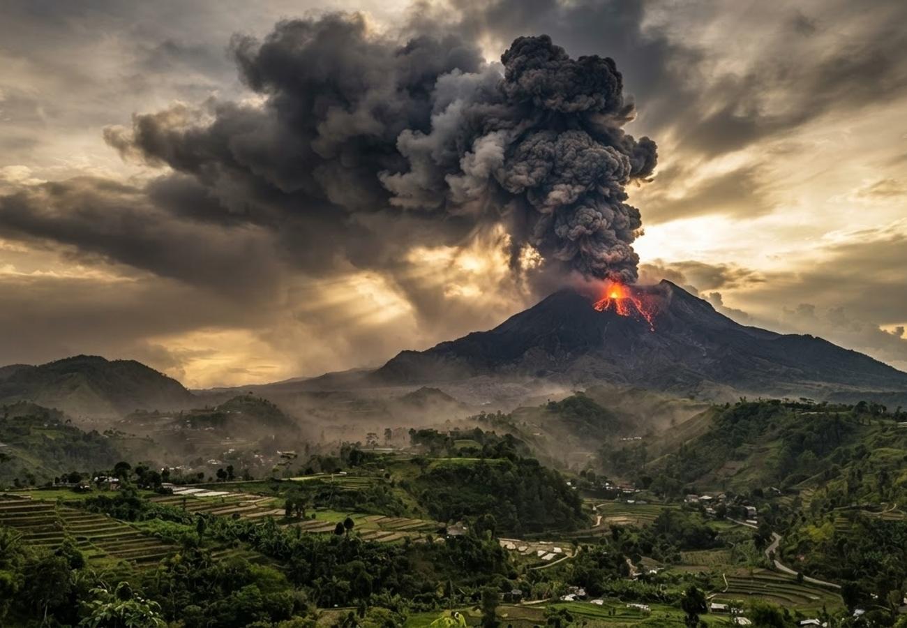 Volcanic ash plume rising from Mount Sinabung in North Sumatra