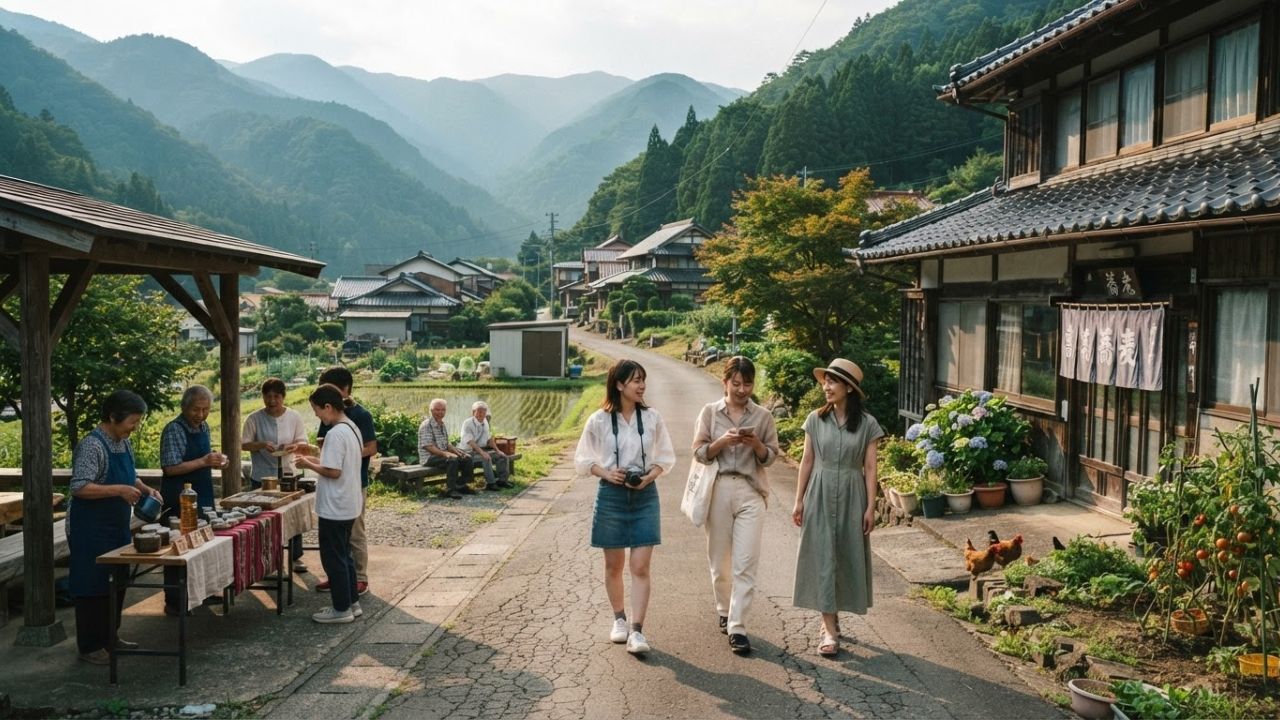 A peaceful traditional village surrounded by mountains in Gunma Prefecture, Japan.