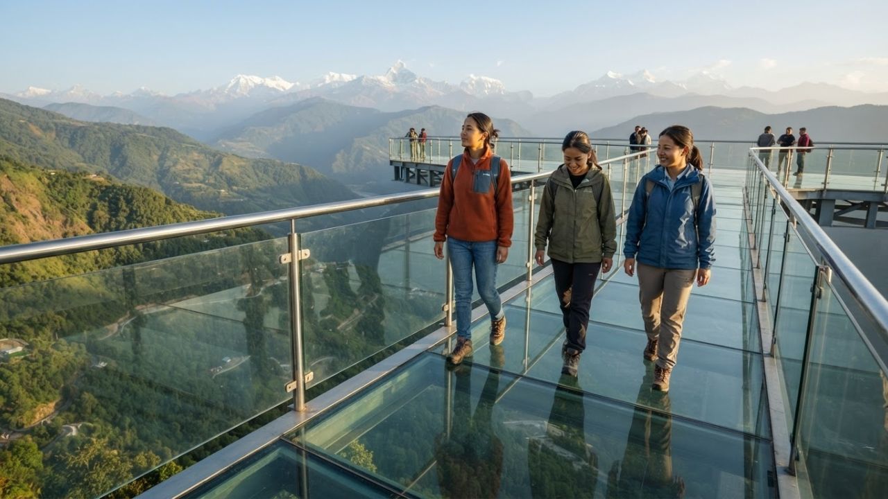 A scenic view of a modern glass skywalk suspended over green hills under a blue sky in Bhedetar, Nepal.