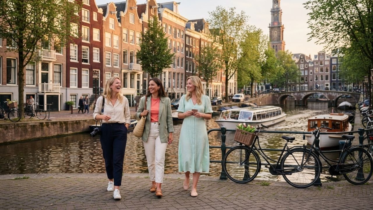 A photorealistic wide-angle travel photograph of a historic Dutch canal with brick buildings and bicycles under a bright sunny day