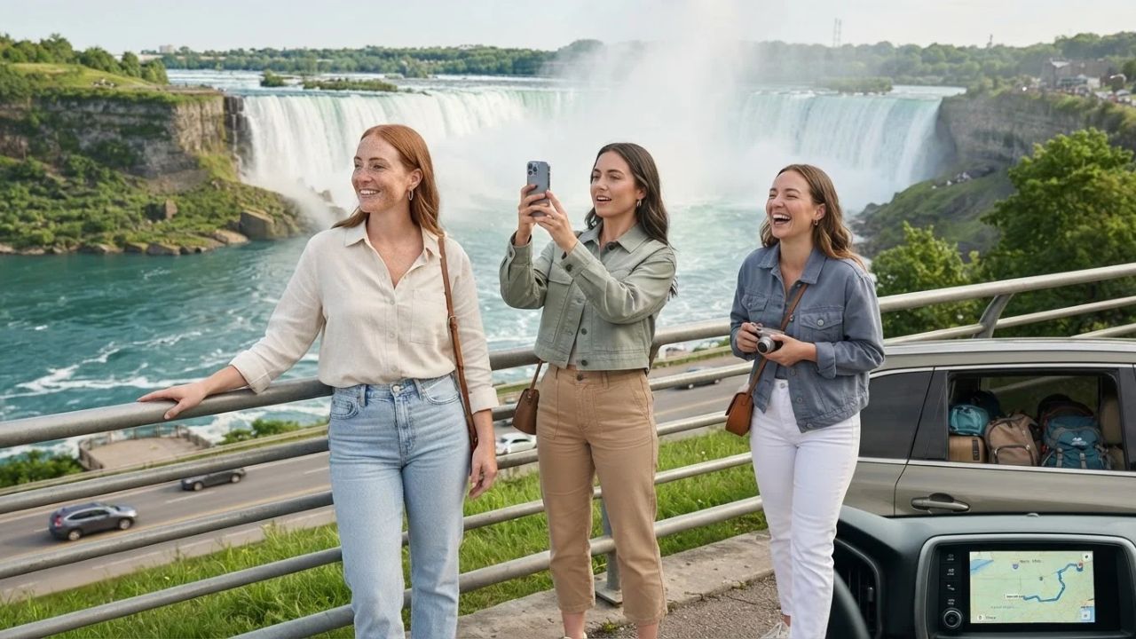 Canadian visitors looking out over the roaring waters of Niagara Falls from the New York viewing platform.