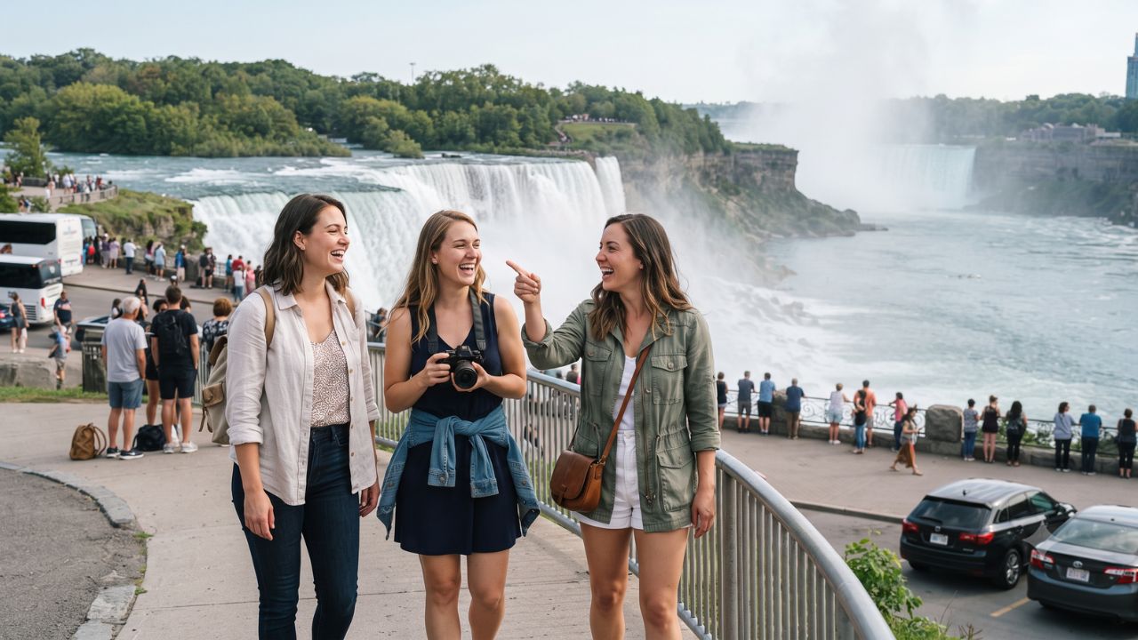 A scenic view of the American Falls in Niagara under a bright sky with the mist rising.