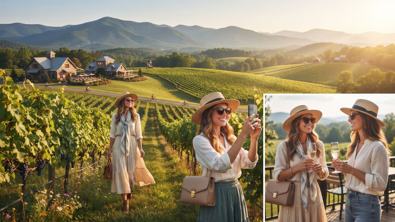 A beautiful vineyard with rows of green grapevines under the Blue Ridge Mountains foothills