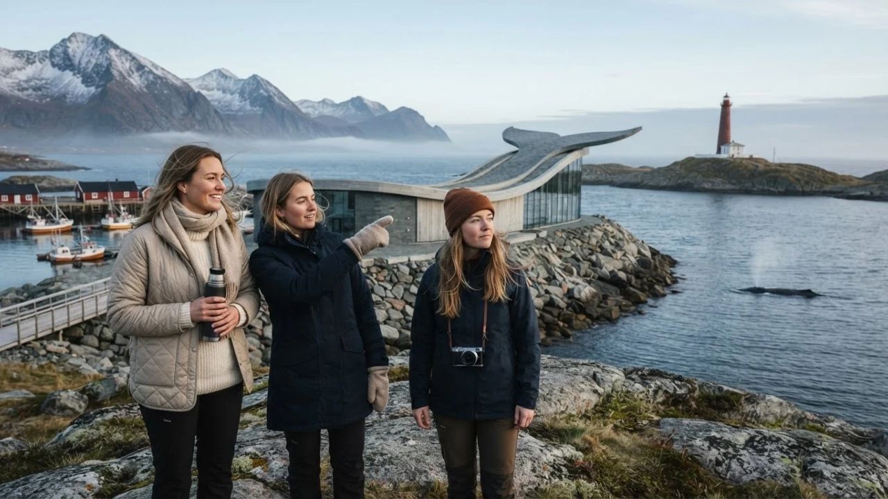 A modern, wave-shaped building rising from a rocky Arctic shoreline under a soft twilight sky.