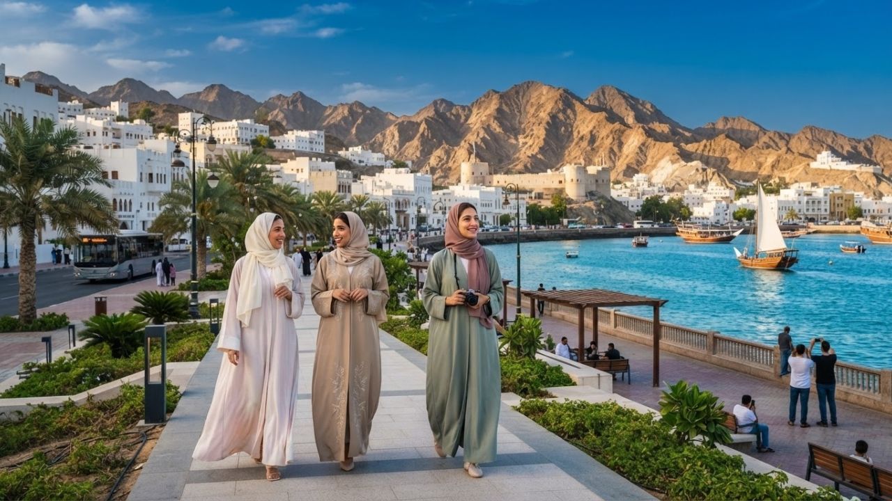 A photorealistic rendering of Muscat's modern waterfront architecture and green urban public spaces at dusk.