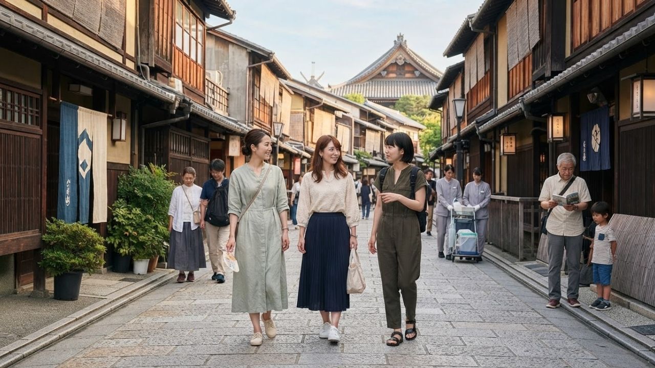 A photorealistic wide-angle travel photograph of a UNESCO-listed historic temple district with controlled visitor pathways under soft morning light