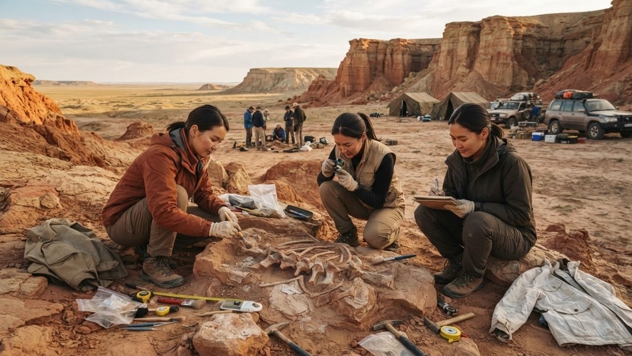 Paleontologists and volunteer citizen scientists excavating dinosaur fossil bonebed in badlands