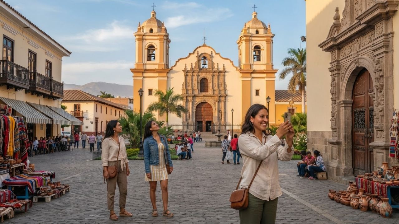 The historic Santa María Cathedral in Chiclayo, Peru, showcasing Spanish colonial architecture against a bright blue sky.