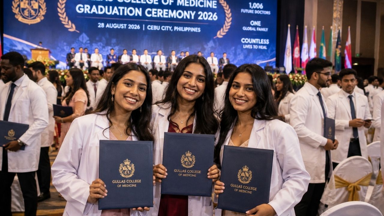 Medical graduates in white coats and caps celebrating at graduation ceremony in Cebu City Philippines