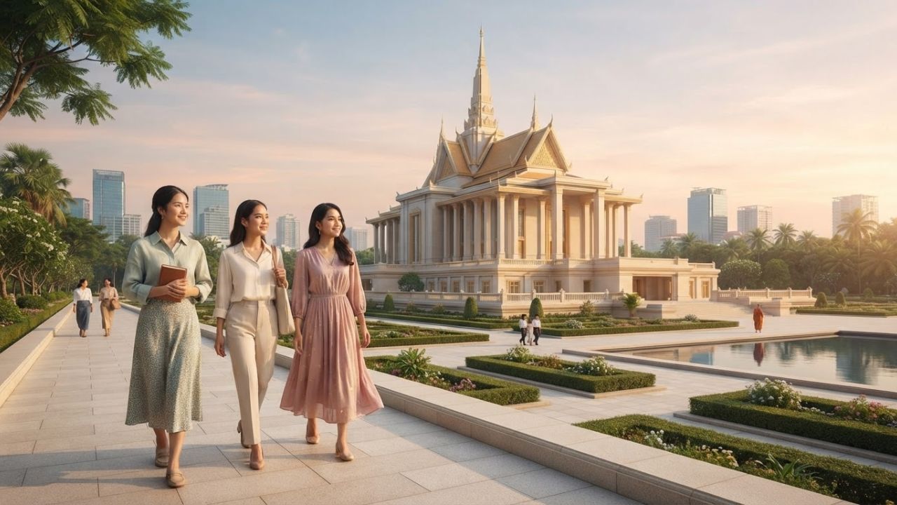A beautiful view of the newly completed Phnom Penh Cambodia Temple under a clear sky.