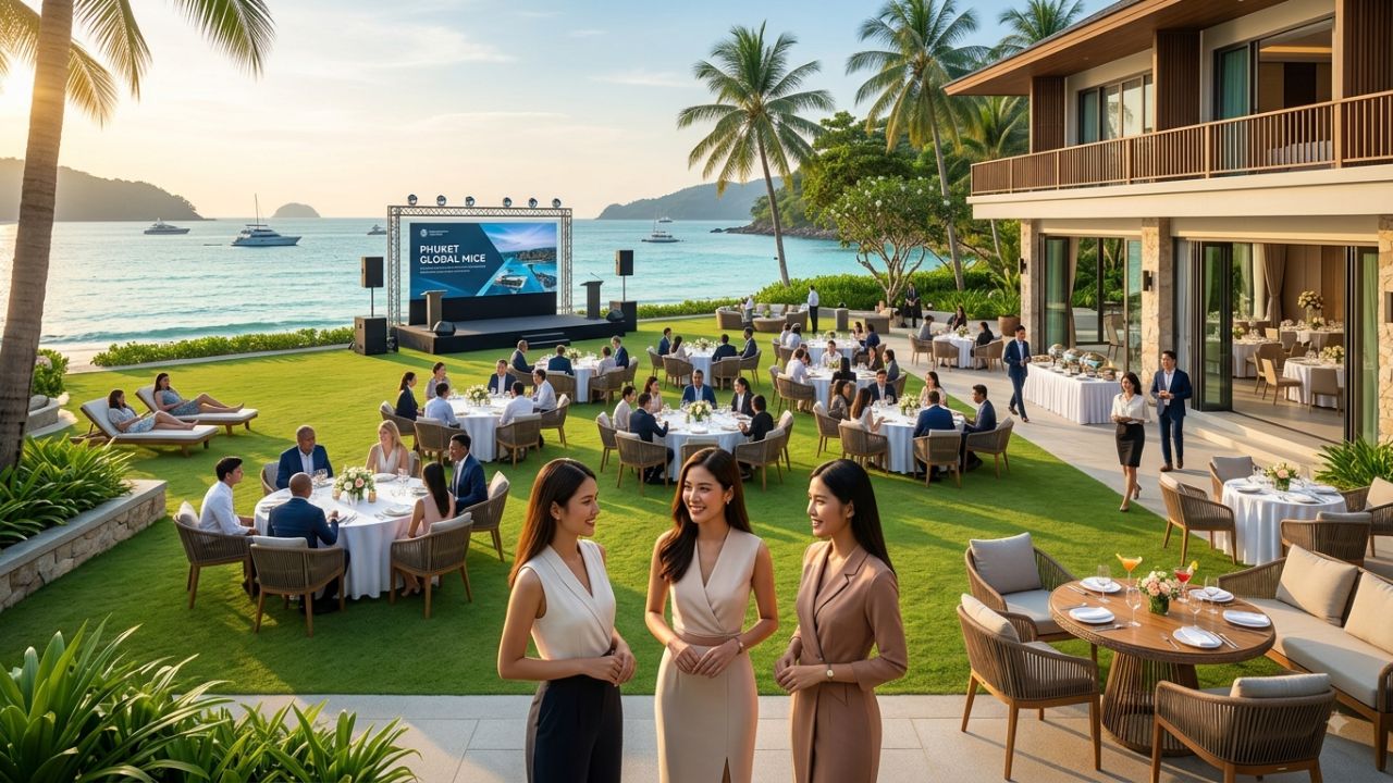A wide shot of a modern beachfront resort in Phuket showing palm trees and the Andaman Sea.
