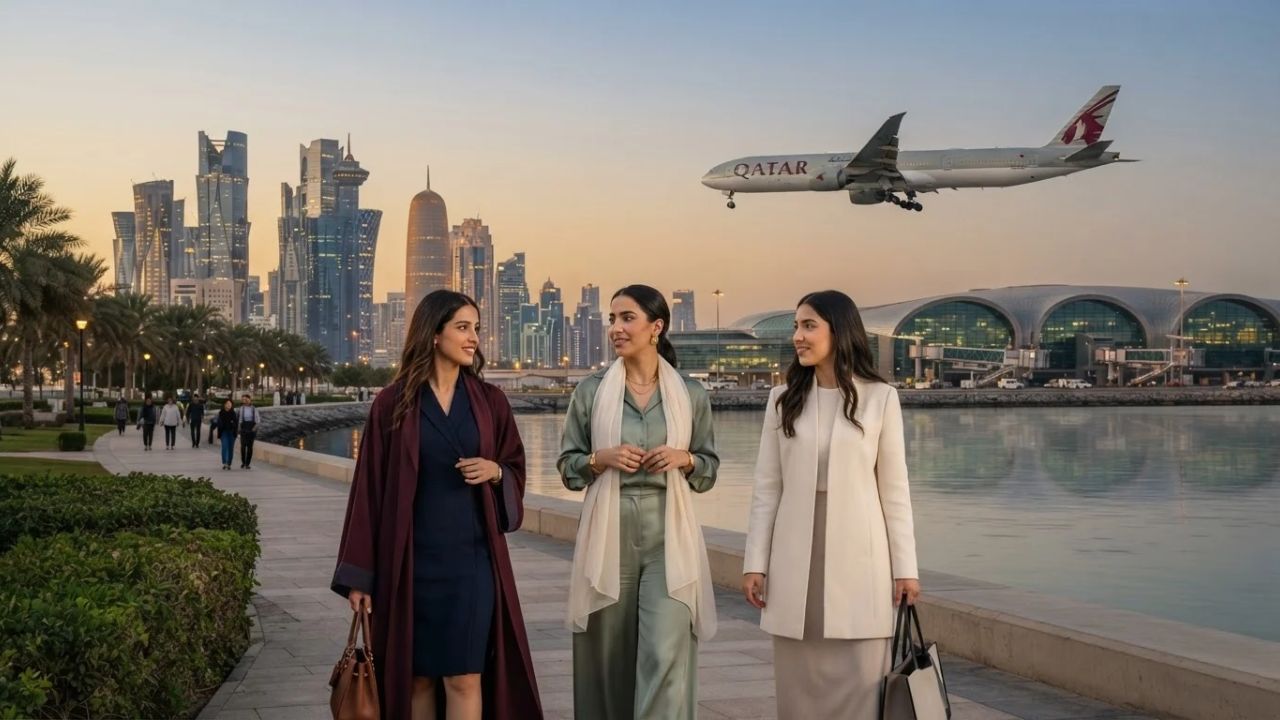 A scenic view of the modern Doha skyline illuminated at dusk.