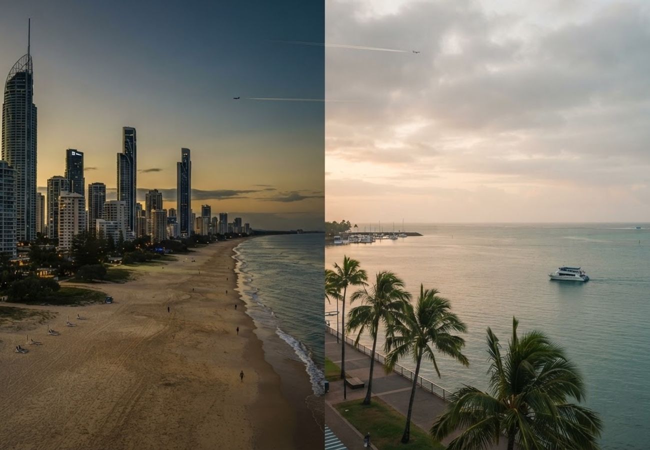 Aerial view of Gold Coast skyline and beaches showing tourism infrastructure