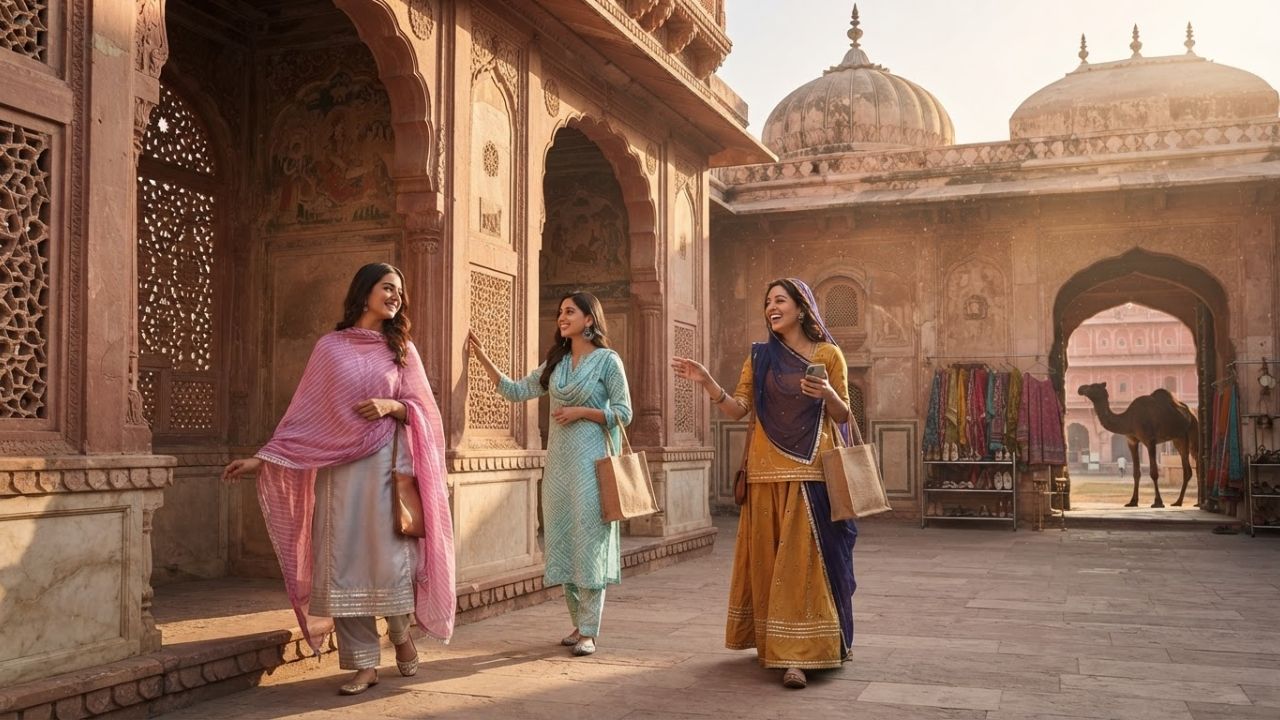 Majestic historic fort in Rajasthan surrounded by desert landscape and blue sky.