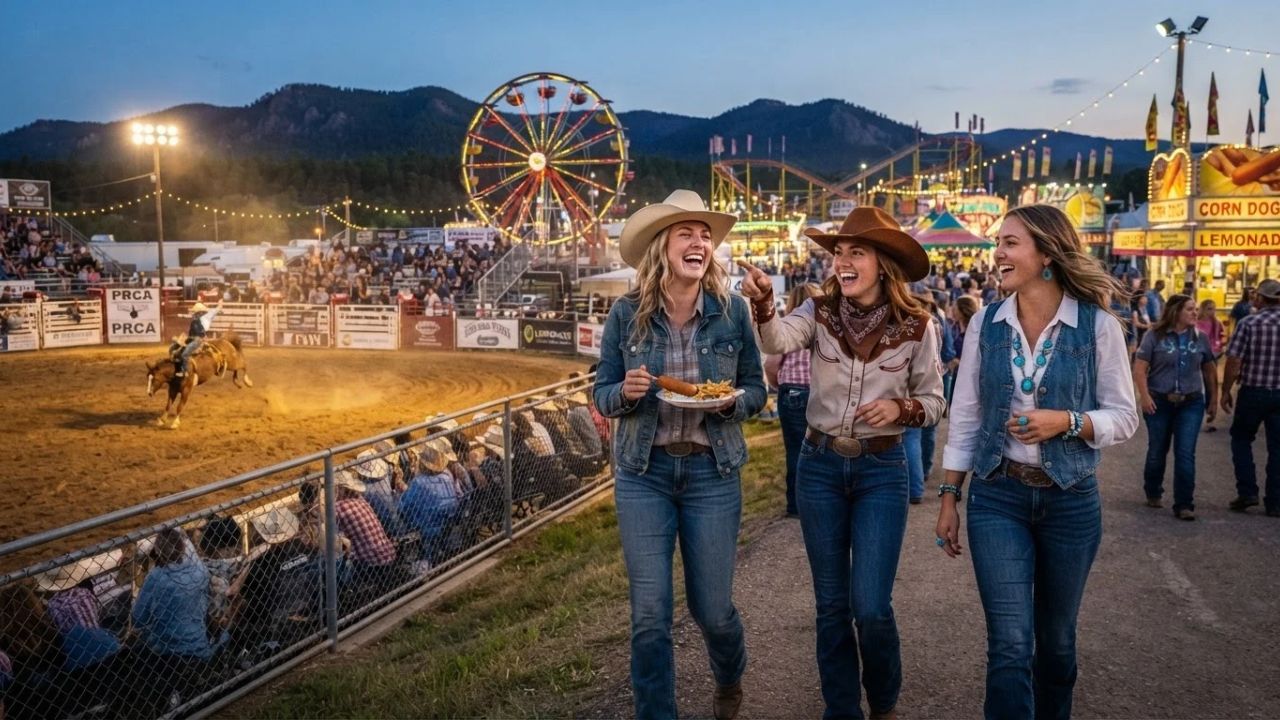 A lively rodeo action scene at the Central States Fairgrounds in Rapid City under stadium lights.