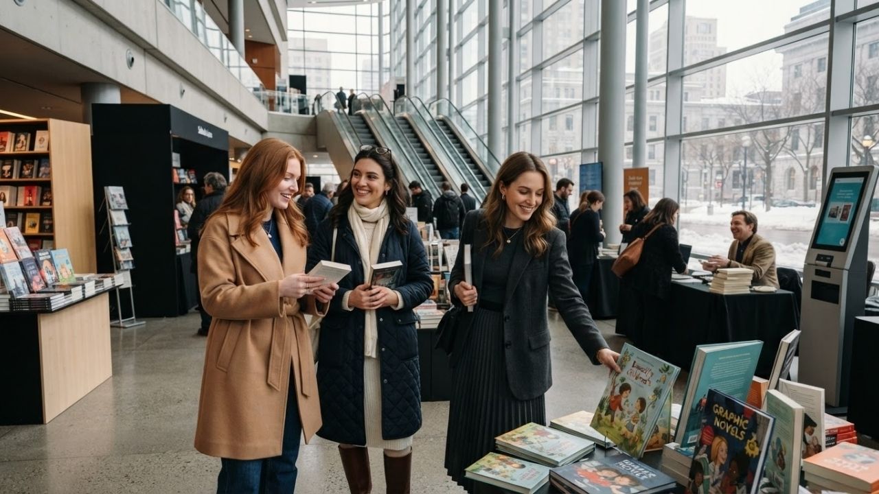 Modern convention hall ballroom filled with booksellers, publishers, and literary displays in Montréal.