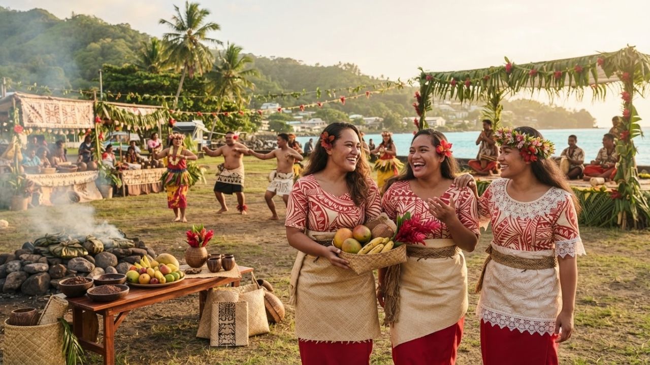 Samoan dancers performing traditional siva dance in native attire under a thatched fale