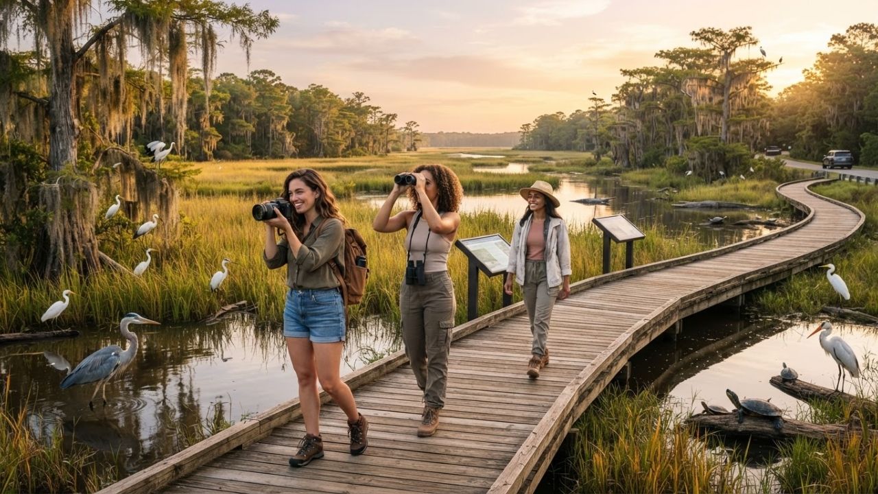 A wooden boardwalk winding through a calm wetland marsh with tall grass and wading birds.