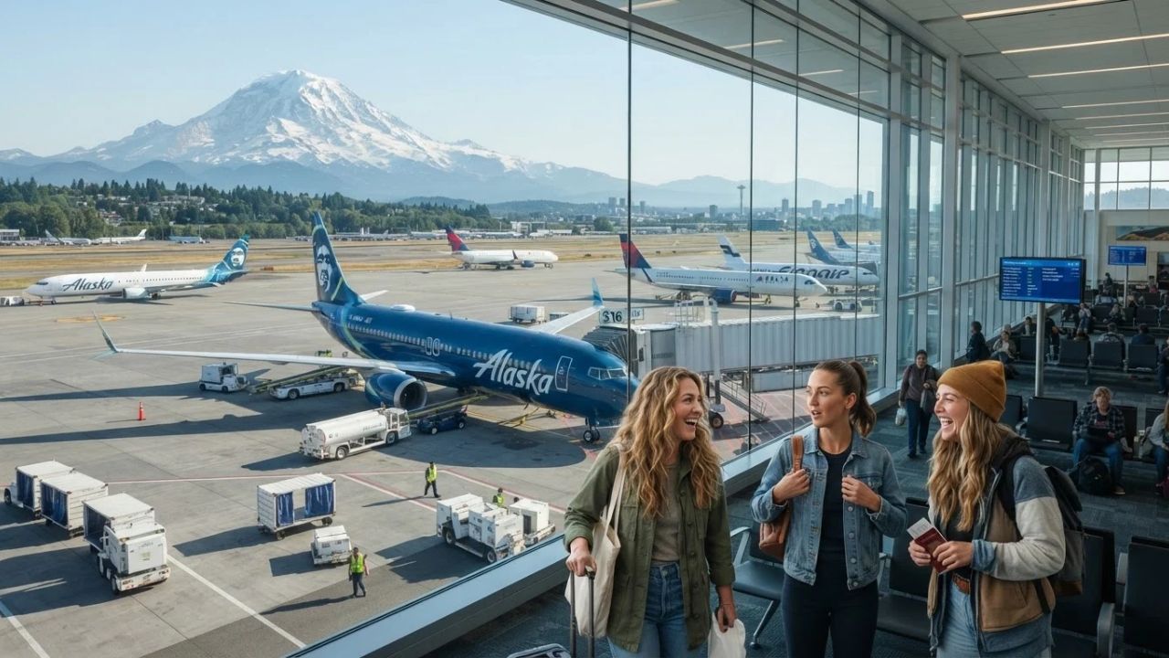 An Alaska Airlines commercial aircraft flying low over mountains and water under bright sunny skies.