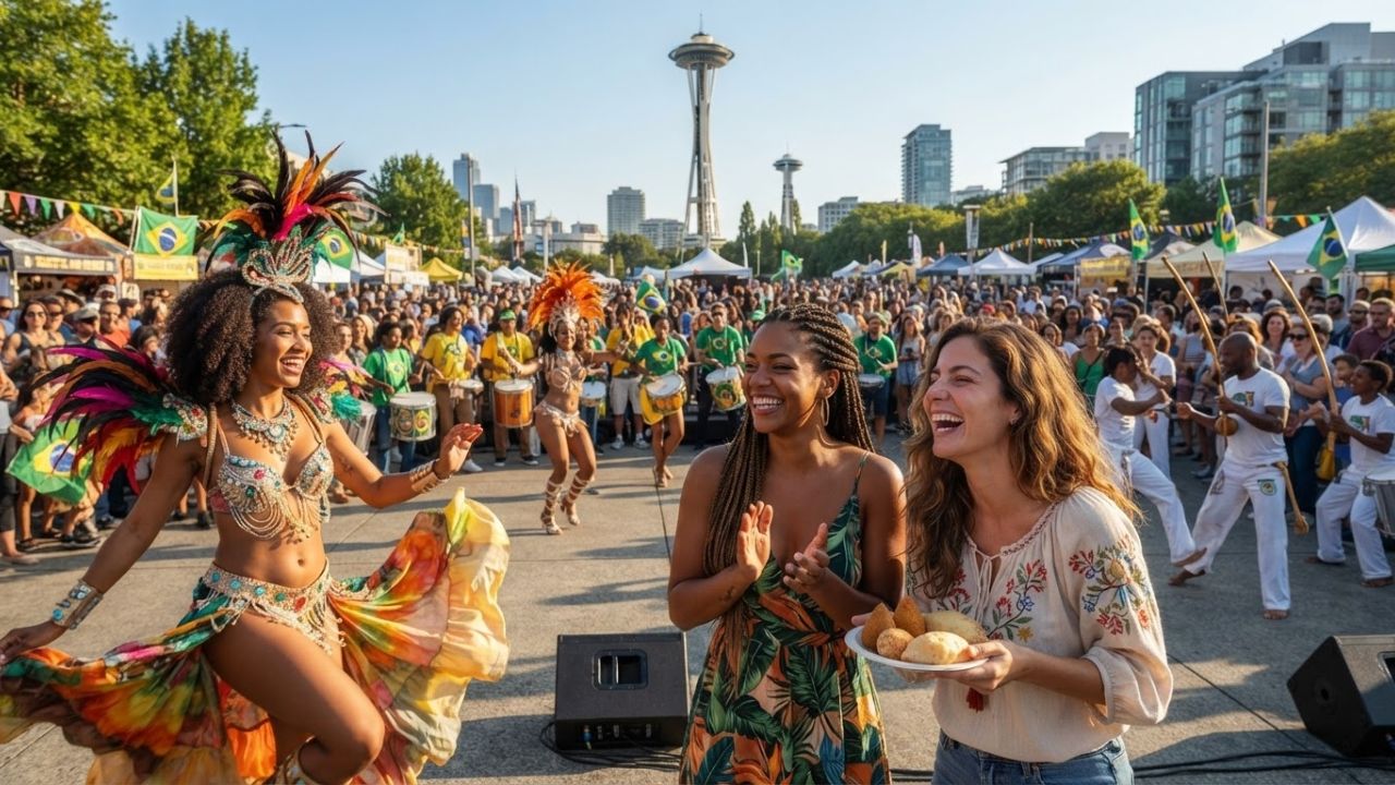 Vibrant dancers in colorful carnival costumes performing samba on an outdoor stage at Seattle Center