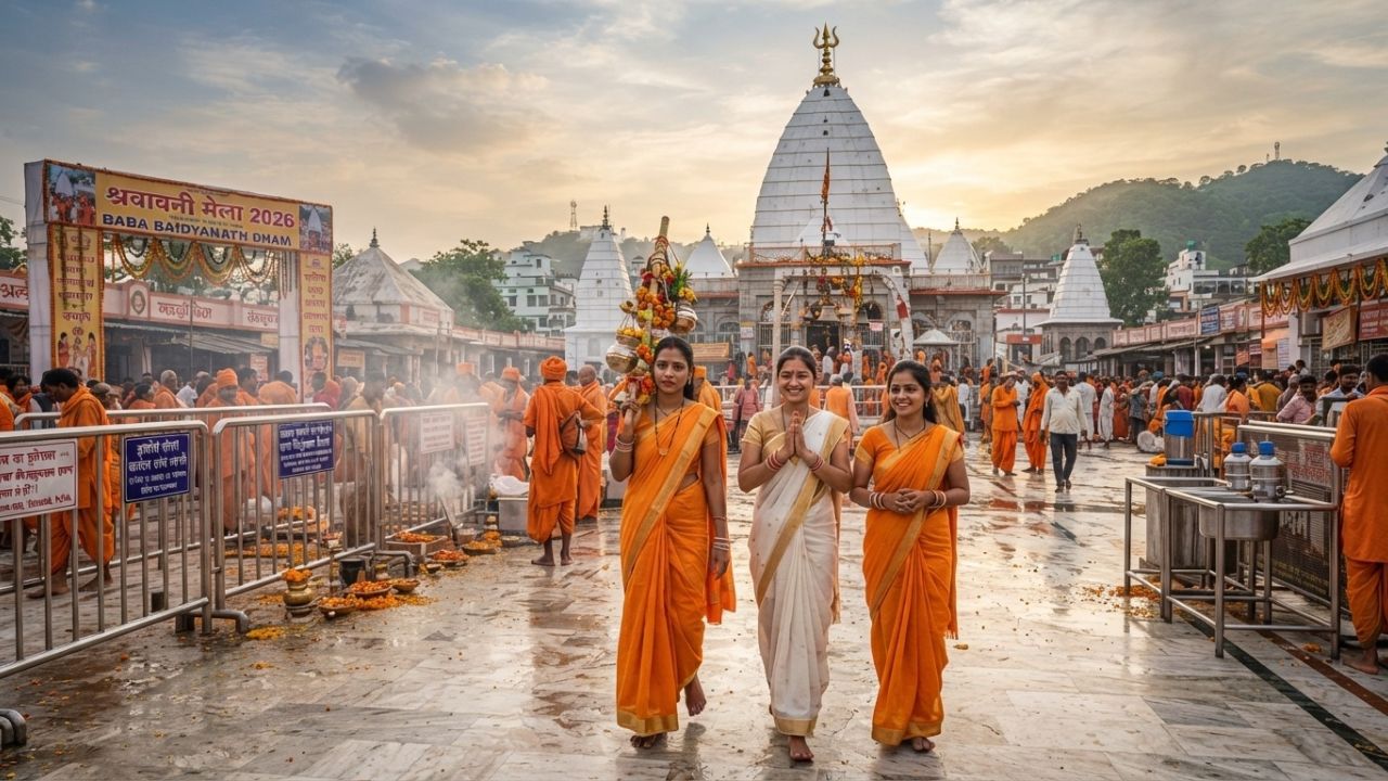 A scenic ancient Hindu temple dome adorned with multiple red flags waving under a bright sunny sky.