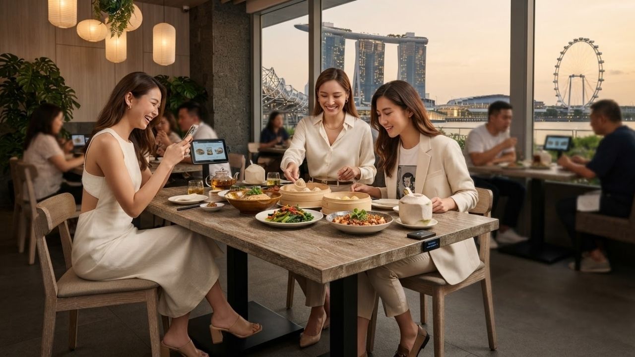 Modern premium casual restaurant interior in Singapore with open kitchen and digital ordering terminals.