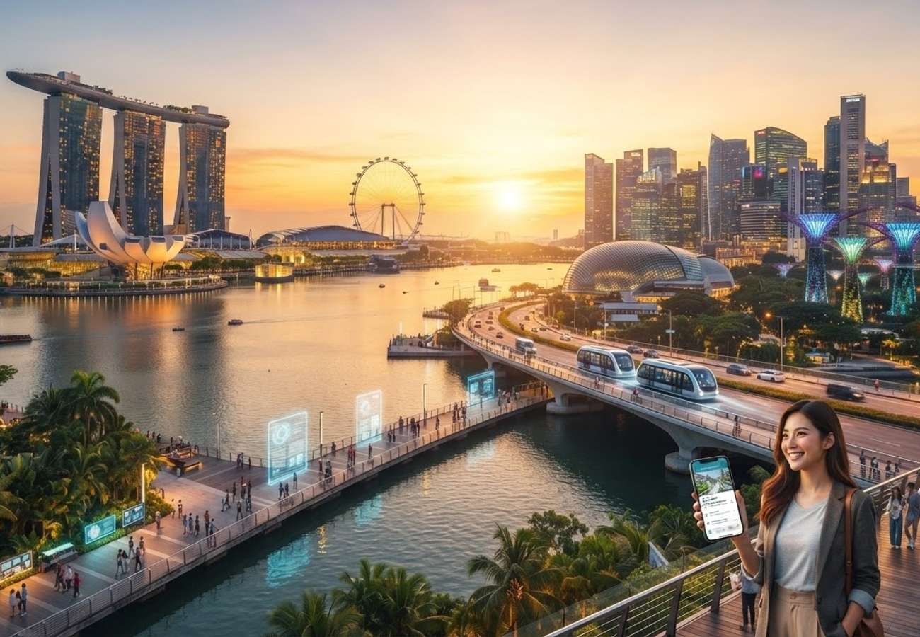 Modern Singapore skyline with digital interface overlays representing AI travel technology