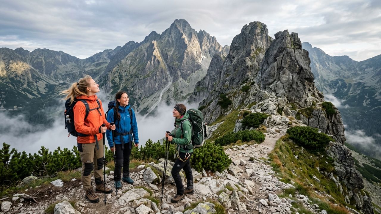 A majestic view of the granite peaks of the High Tatras in Slovakia under a clear sky.