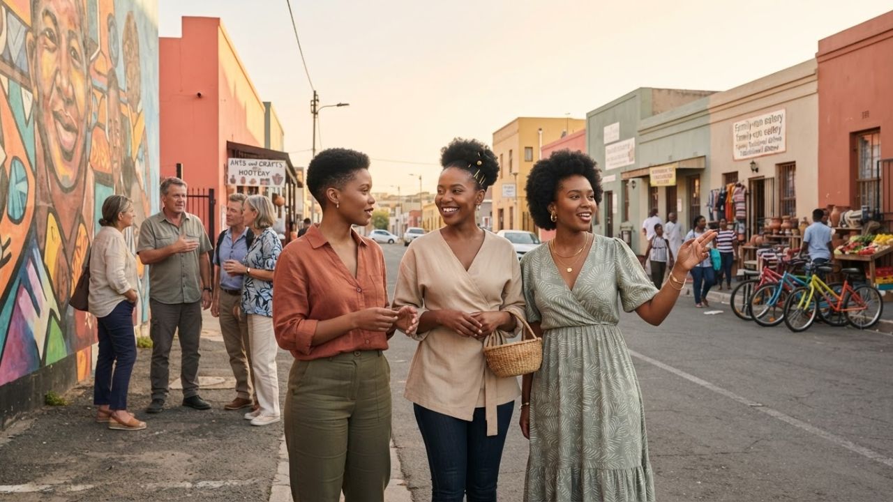 Colourful murals and street food vendors in a vibrant South African township neighbourhood in warm golden afternoon sunlight