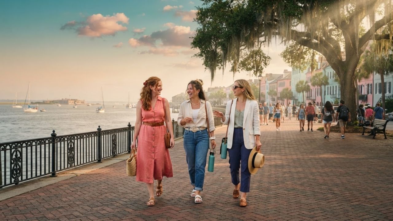 A beautiful sunny coastline in South Carolina with palms and luxury beachfront resorts.